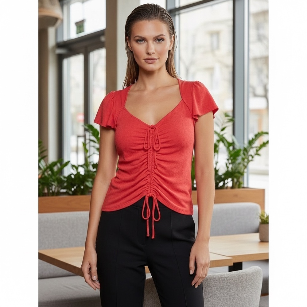 GUESS Fire Red Short Sleeve Top Trendy Statement Tee Size S